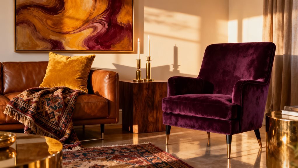 golden mustard with plum upholstery palette