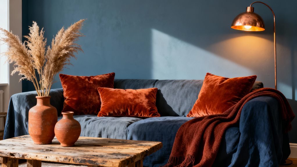 rust evokes warmth with slate blue